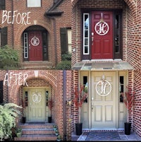 before and after pictures of a front door with a monogram
