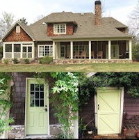 two pictures of a house with a green door